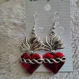Silver and Red Heart Earrings